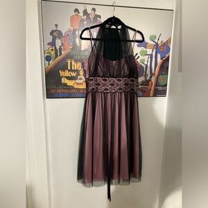 Rare - Pink and Black Taffeta Vintage 80s Dress with Matching Scarf/Shawl/Belt